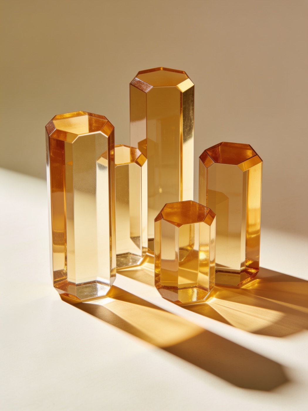 Honey-gold glass hexagonal prisms on a warm ivory background