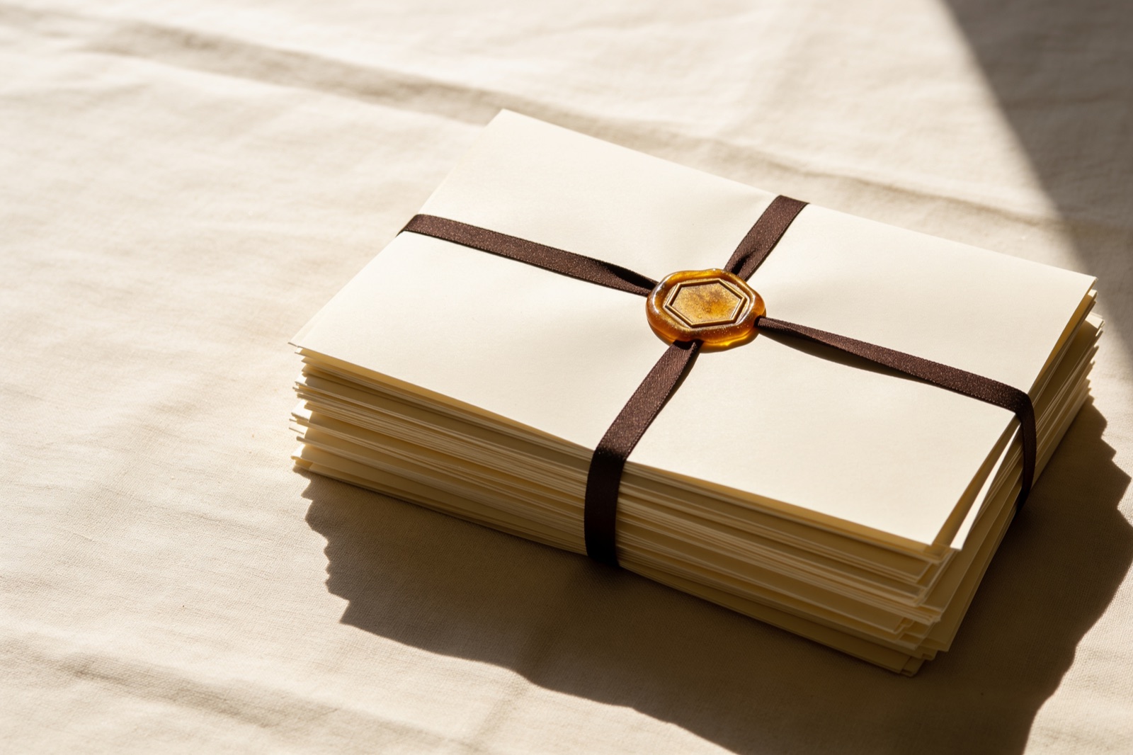 A stack of cream documents bound with ribbon and sealed with a hexagonal honey-gold wax seal