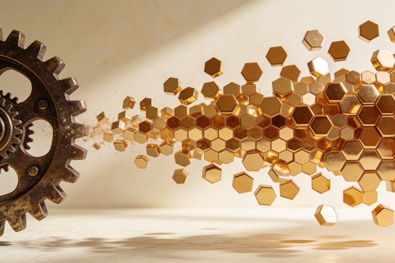 An aged bronze gear dissolving into a flowing field of polished golden hexagons