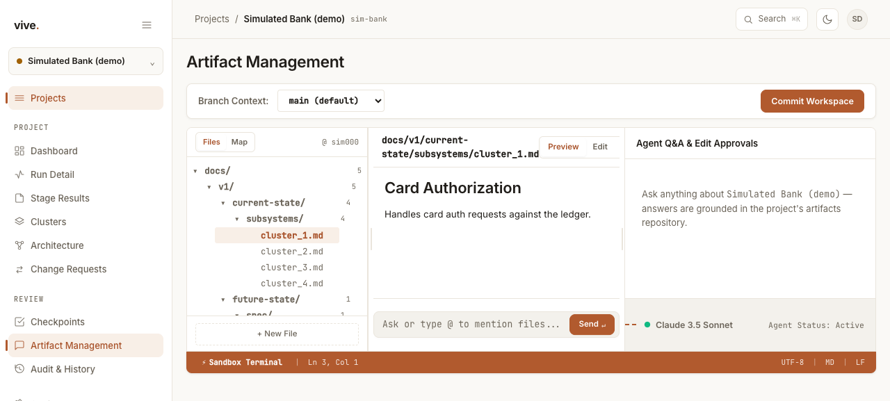 Vive artifact management screen with a file tree, a markdown preview of a subsystem specification, and an agent question-and-answer panel