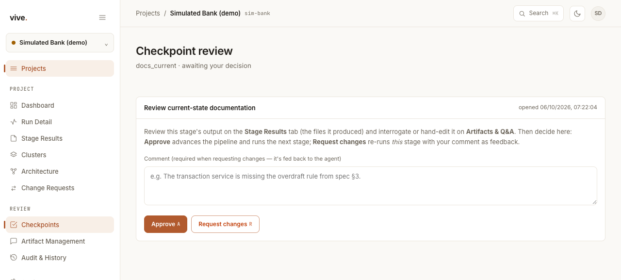 Vive checkpoint review screen for current-state documentation, with a comment box and Approve or Request changes actions